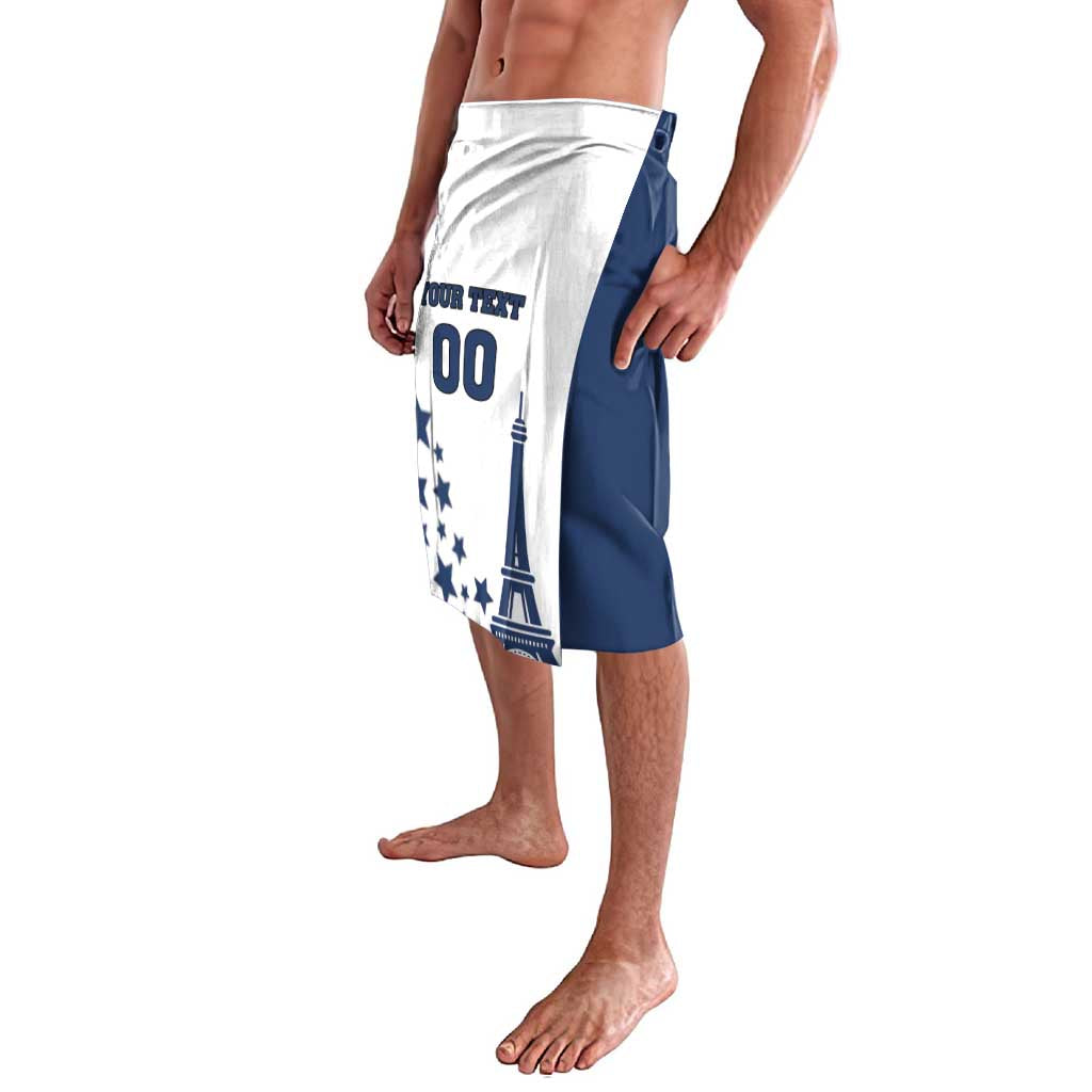 Men's blue-and-white sports shorts with Eiffel Tower, stars, and '00' print