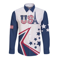 White and navy long-sleeve button shirt with USA, stars, and Eiffel Tower graphic