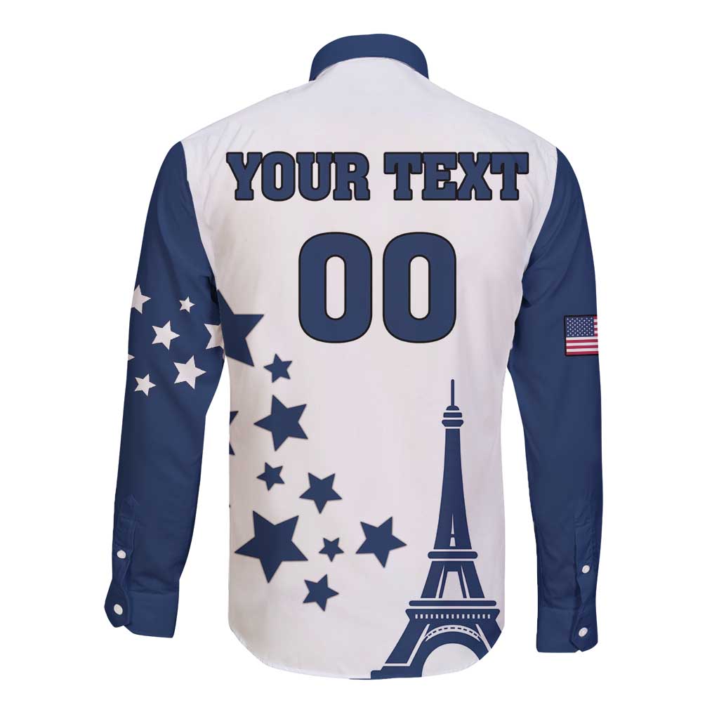 White and navy long-sleeve button shirt, back text YOUR TEXT 00 with Eiffel Tower and stars