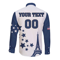 White and navy long-sleeve button shirt, back text YOUR TEXT 00 with Eiffel Tower and stars