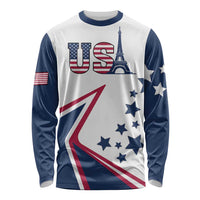 Long-sleeve sport shirt in white and navy with USA, Eiffel Tower, stars, stripe