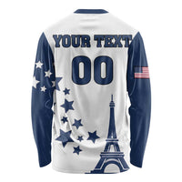 Long-sleeve sport shirt back in white and navy with stars, Eiffel Tower, YOUR TEXT 00