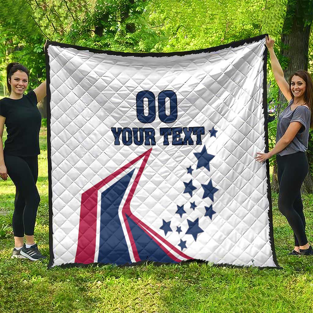 White custom quilt blanket with “00 YOUR TEXT” and USA stars-and-stripes graphic