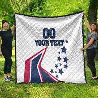 White custom quilt blanket with “00 YOUR TEXT” and USA stars-and-stripes graphic