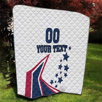 White quilt blanket on grass with “00 YOUR TEXT” and USA stars-and-stripes graphic