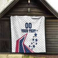 White quilt blanket hanging in doorway with “00 YOUR TEXT” and USA stars-and-stripes graphic