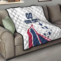 White quilt blanket on sofa with “00 YOUR TEXT” and USA stars-and-stripes graphic
