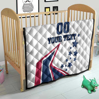 White custom quilt blanket on wooden baby bed with “00 YOUR TEXT” USA stars-and-stripes