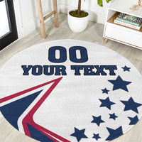 Round white area rug with blue “00” and “YOUR TEXT” plus stars and flag graphic