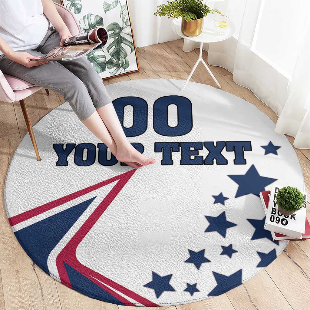 Round white area rug with custom text “YOUR TEXT,” blue stars and red/blue flag design