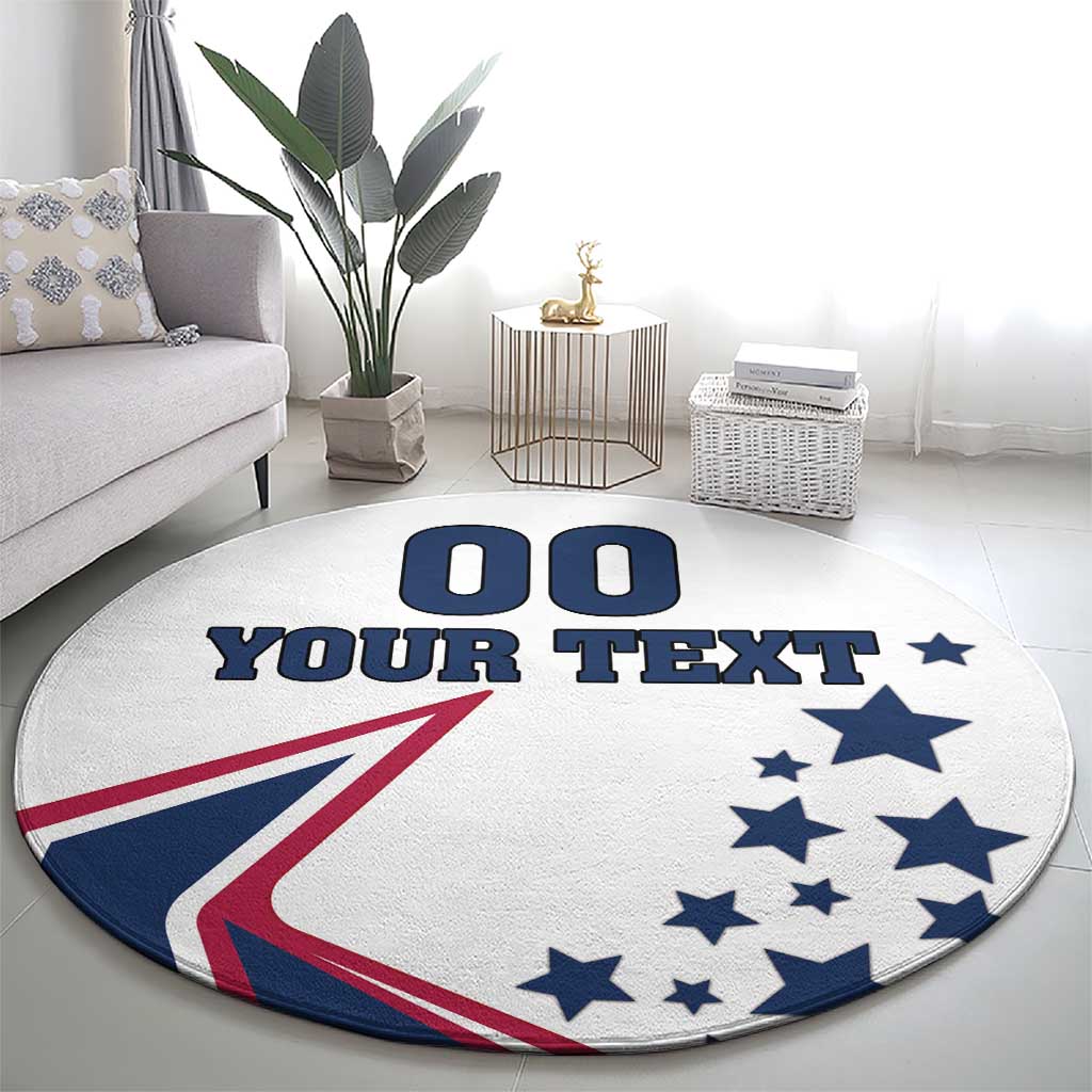 Round white area rug featuring “00” and “YOUR TEXT” with U.S. stars and flag-style graphic