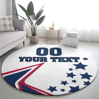 Round white area rug featuring “00” and “YOUR TEXT” with U.S. stars and flag-style graphic