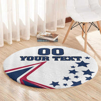 Round white area rug showing “00” and “YOUR TEXT” with blue stars and flag design