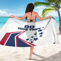 White patriotic sarong with stars and stripes graphic and customizable text area.