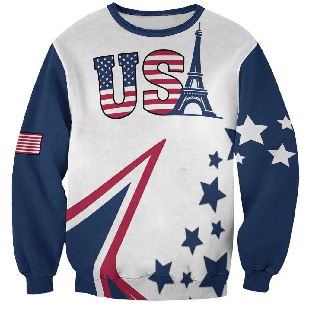 White crewneck sweatshirt with navy raglan sleeves, US print, Eiffel Tower, stars