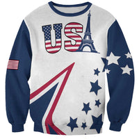 White crewneck sweatshirt with navy raglan sleeves, US print, Eiffel Tower, stars