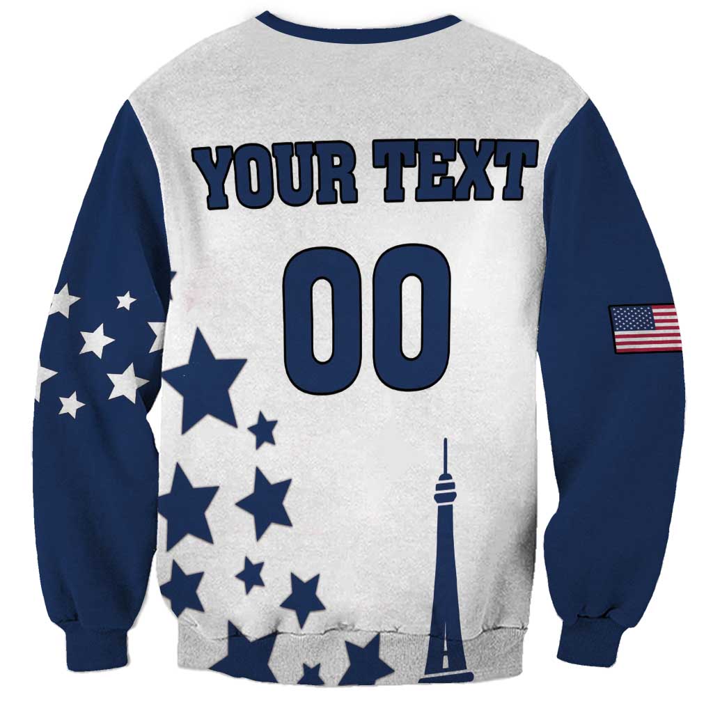 White crewneck sweatshirt with navy sleeves; back print with YOUR TEXT 00 and stars