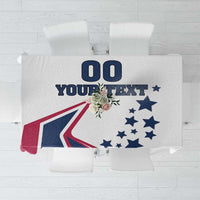White tablecloth with navy stars, red stripes, and 'YOUR TEXT' placeholder