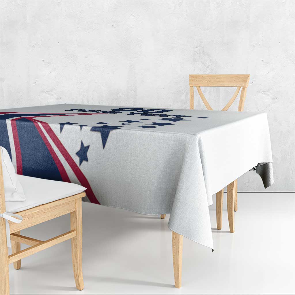 White tablecloth with bold blue stars and red striped banner graphic