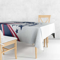 White tablecloth with bold blue stars and red striped banner graphic