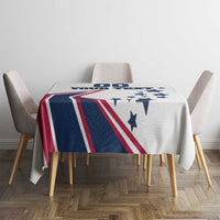 Square white tablecloth featuring blue stars and red-and-blue stripe design