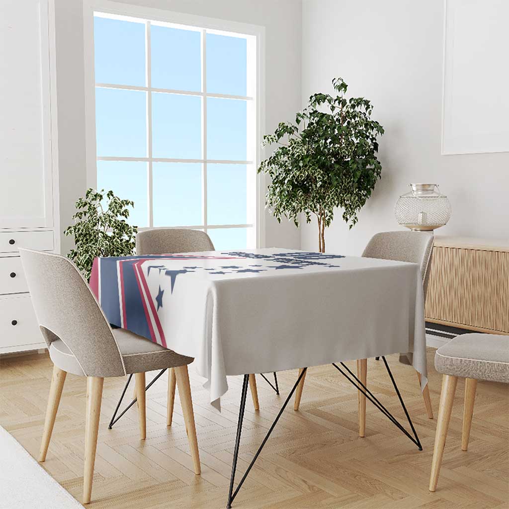 White tablecloth with patriotic stripe and star print on dining table