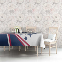 White tablecloth with blue star pattern and red stripe banner