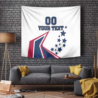 White tapestry wall hanging featuring “00 YOUR TEXT” and star-and-flag graphic