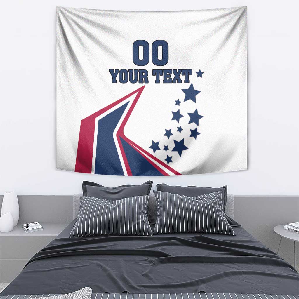 White tapestry wall hanging with “00 YOUR TEXT” text and star patriotic design