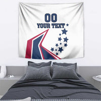 White tapestry wall hanging with “00 YOUR TEXT” text and star patriotic design