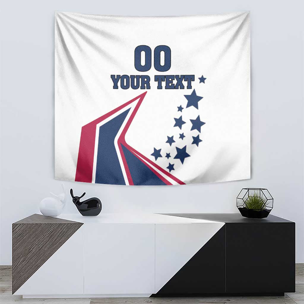 White tapestry wall hanging showing “00 YOUR TEXT” and star-and-ribbon graphic