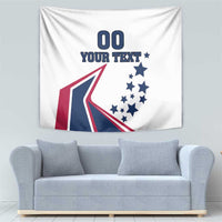 White tapestry wall hanging with “00 YOUR TEXT” and a blue star pattern