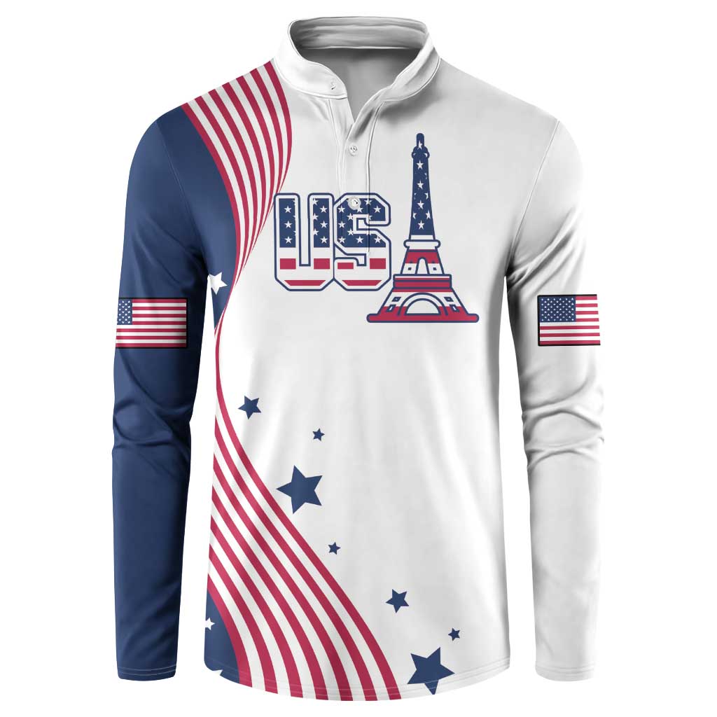 White and navy button sweatshirt with USA flag graphic on chest and sleeves