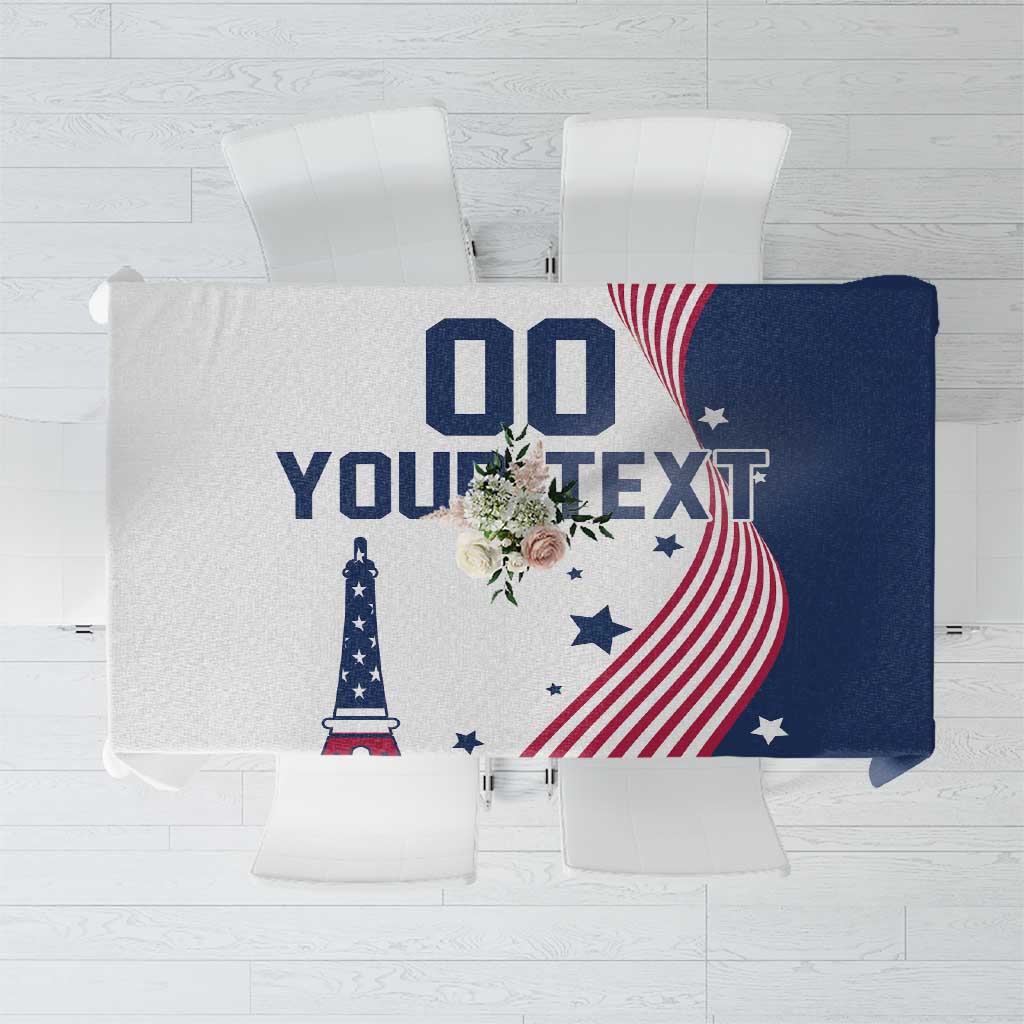 Custom text patriotic tablecloth with navy blue, red-and-white stripes and star details