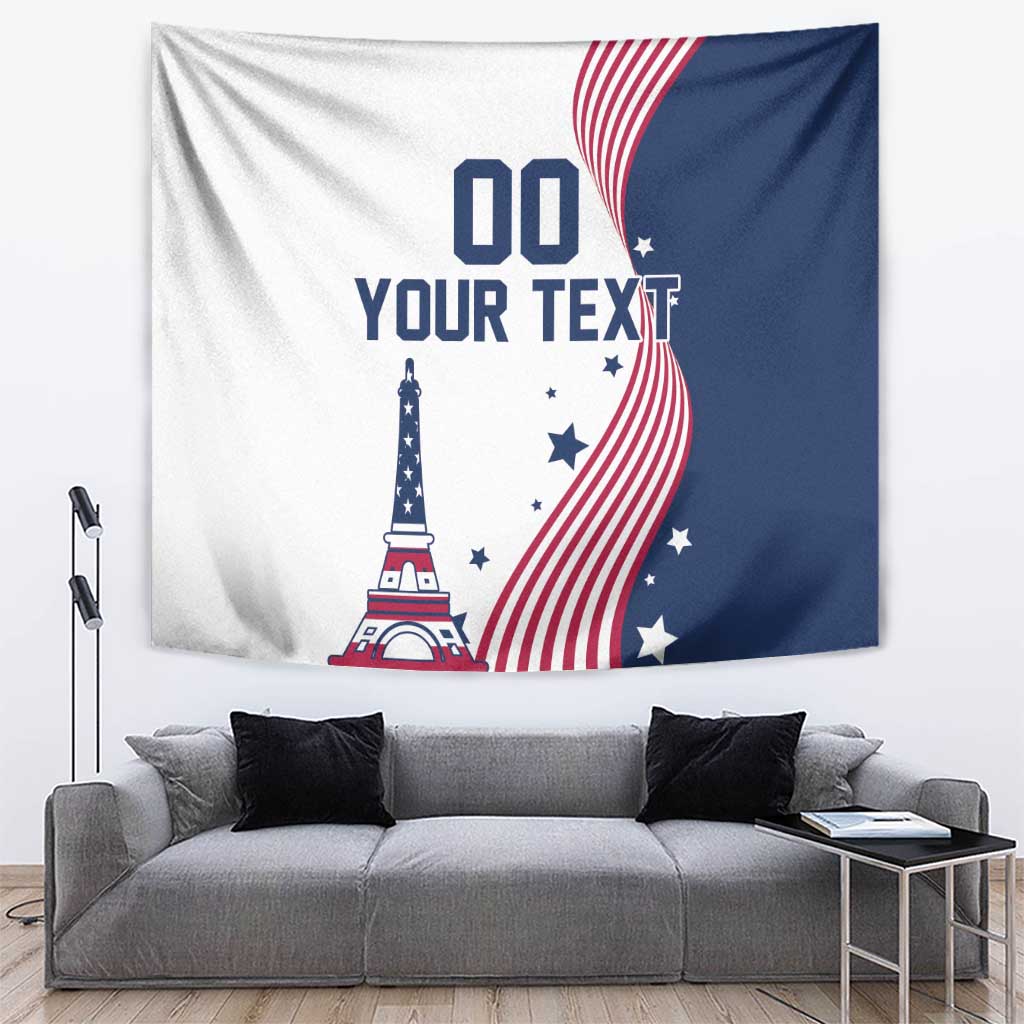 Custom US tapestry flag with stars-and-stripes graphic, red stripes, and '00 YOUR TEXT'.
