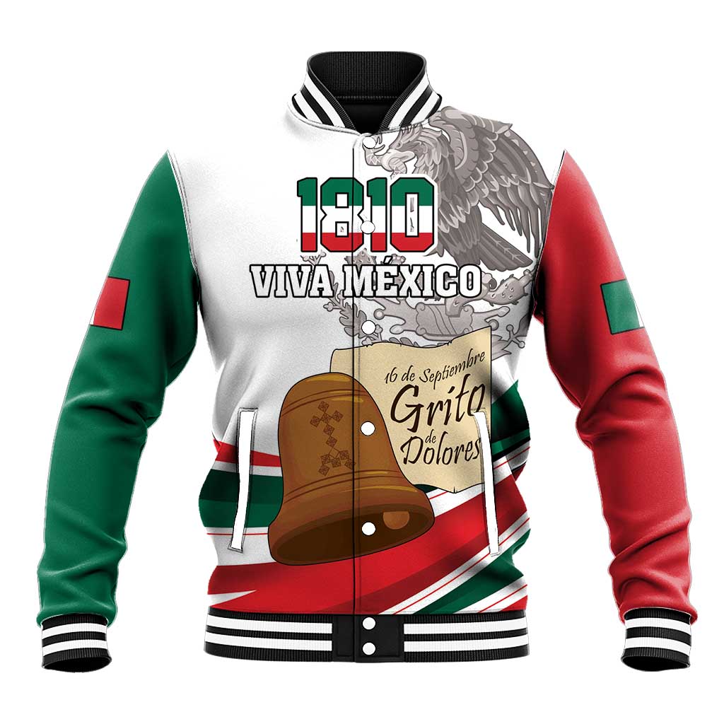 White varsity baseball jacket with green/red sleeves, eagle graphic, striped ribbed collar