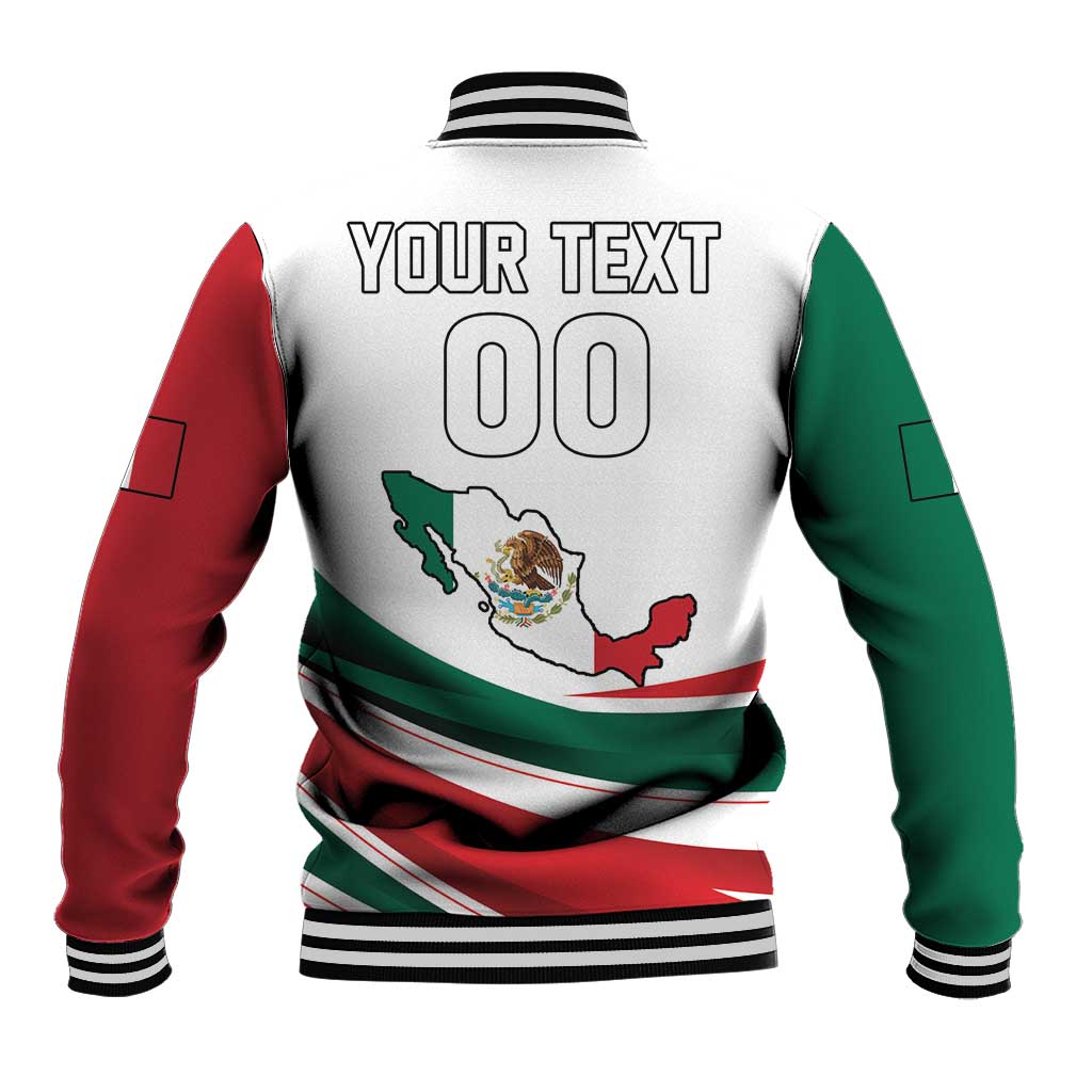 White baseball jacket back with Mexico flag print, striped cuffs and button front
