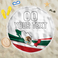 White Mexico-themed beach blanket with fringed edge, Mexican flag map and custom text