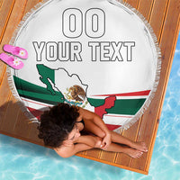 White round Mexico beach blanket with fringed edge, Mexican flag map and custom text