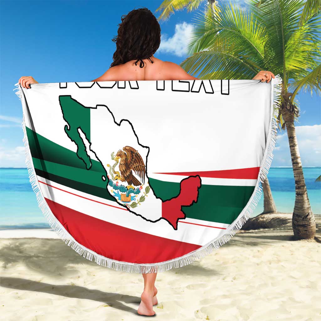 Mexico flag round beach blanket with fringed edge, custom text and map graphic