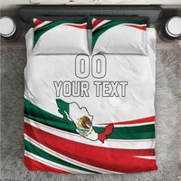 White bedding set with Mexico flag stripes, map graphic, and 'YOUR TEXT' on duvet