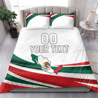 White bedding set on bed with Mexico flag stripes, map graphic, and 'YOUR TEXT' text
