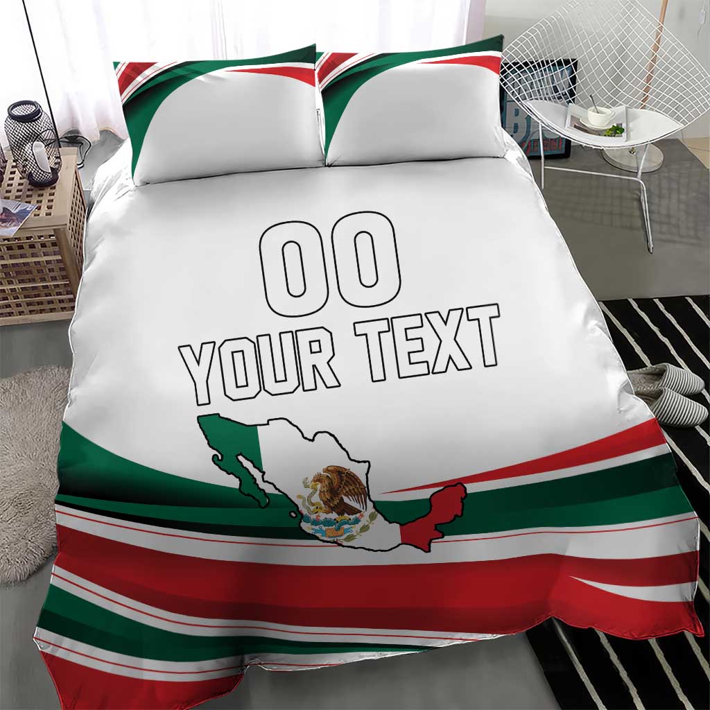 White duvet with Mexico flag stripes, map graphic, and 'YOUR TEXT' plus '00'