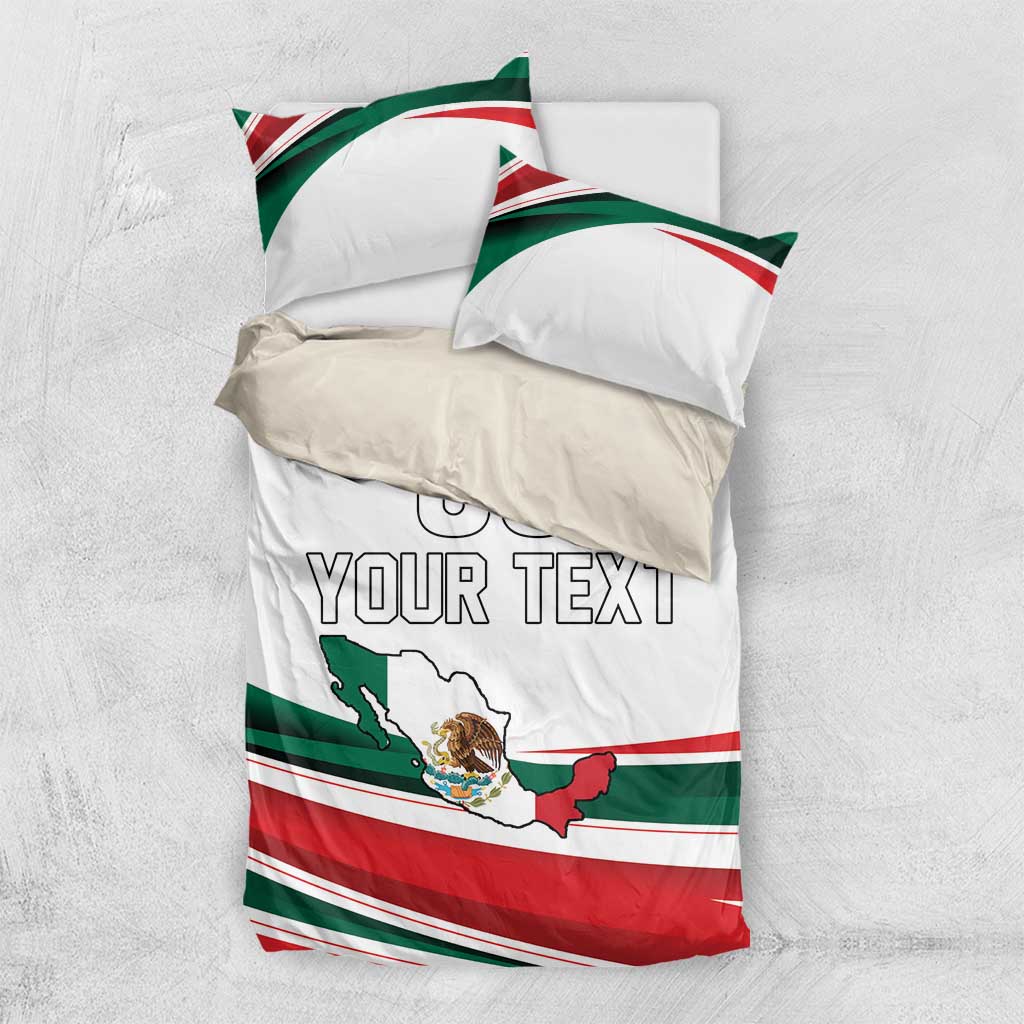 White bedding set with Mexico flag stripes, map graphic, and 'YOUR TEXT' on duvet