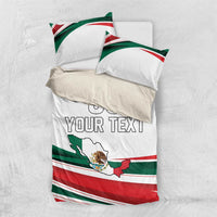 White bedding set with Mexico flag stripes, map graphic, and 'YOUR TEXT' on duvet