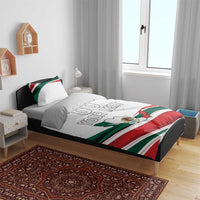 White bedding set on bed with Mexico flag stripes and map graphic, showing 'YOUR TEXT'