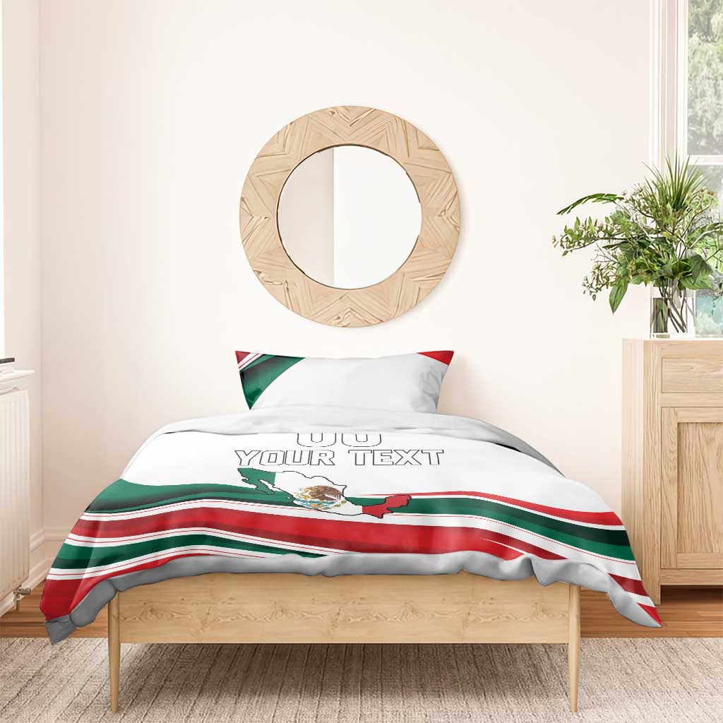 White bedding set with Mexico flag stripes, map graphic, and 'YOUR TEXT' on duvet