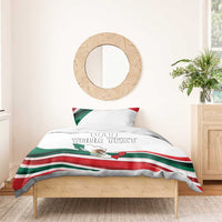 White bedding set with Mexico flag stripes, map graphic, and 'YOUR TEXT' on duvet