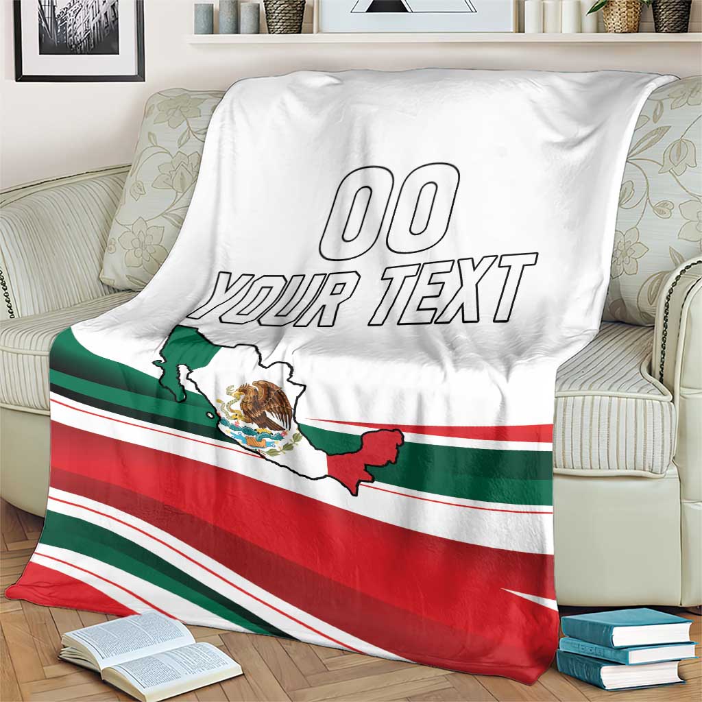 White personalized blanket featuring Mexico flag stripes, map graphic, and custom text