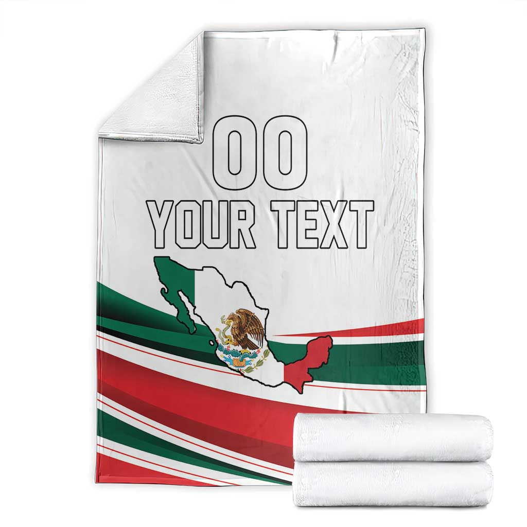 Folded white personalized blanket with Mexico flag design, map, and custom text